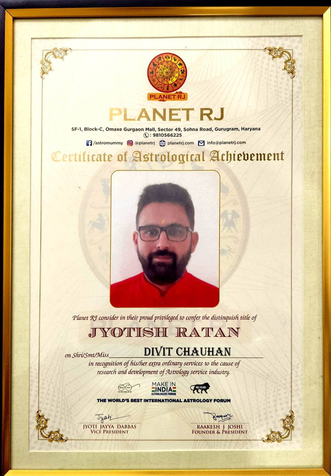 Certificate of Astrological Achievement - Planet RJ